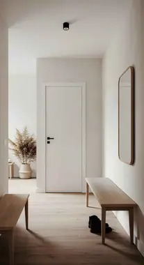Interior minimalista del pasillo con banco de madera y espejo en Marbella